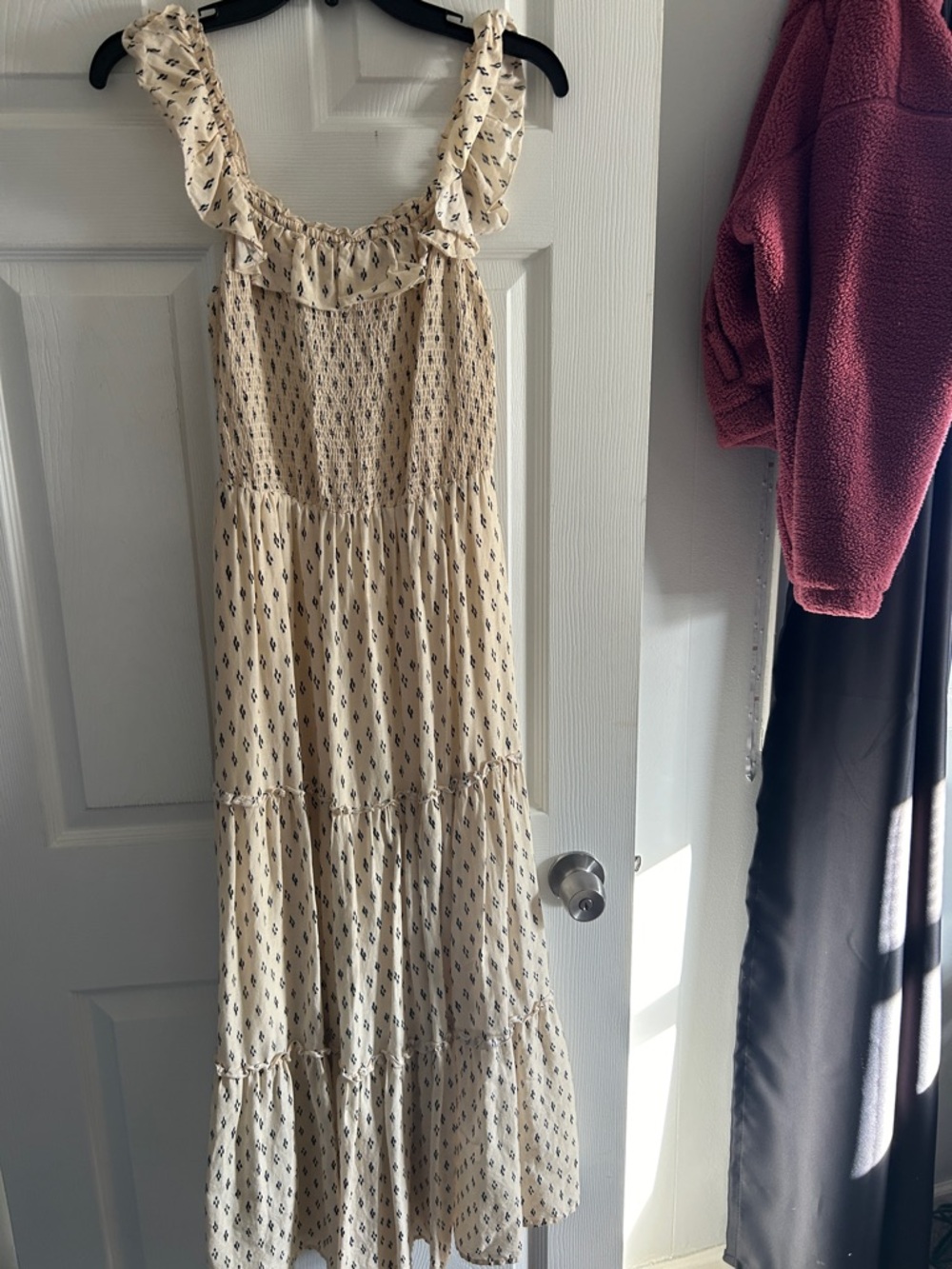 Old Navy Cream Maxi Dress with Smocked Bodice and Tiny Navy Print
